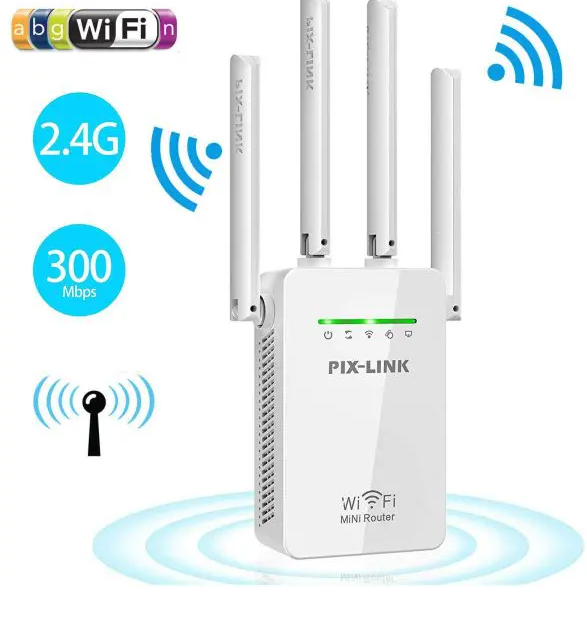 PIX-LINK N300 WiFi Repeater 300Mbps – 2.4G Wireless Signal Amplifier Router Range Extender with 4 External Antennas (WR09B)